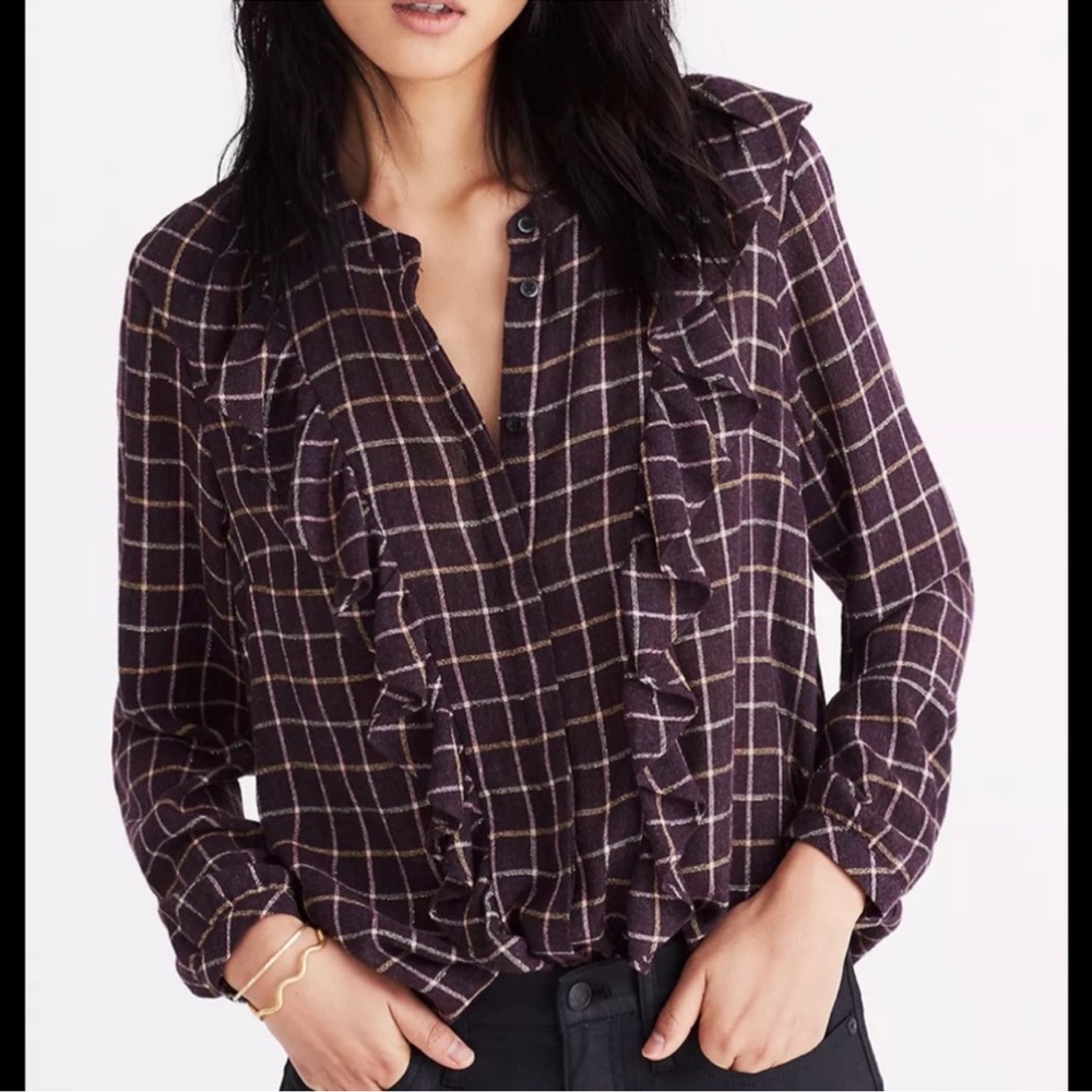 Madewell Plaid Ruffle Top Wool Blend Button Front Size Small